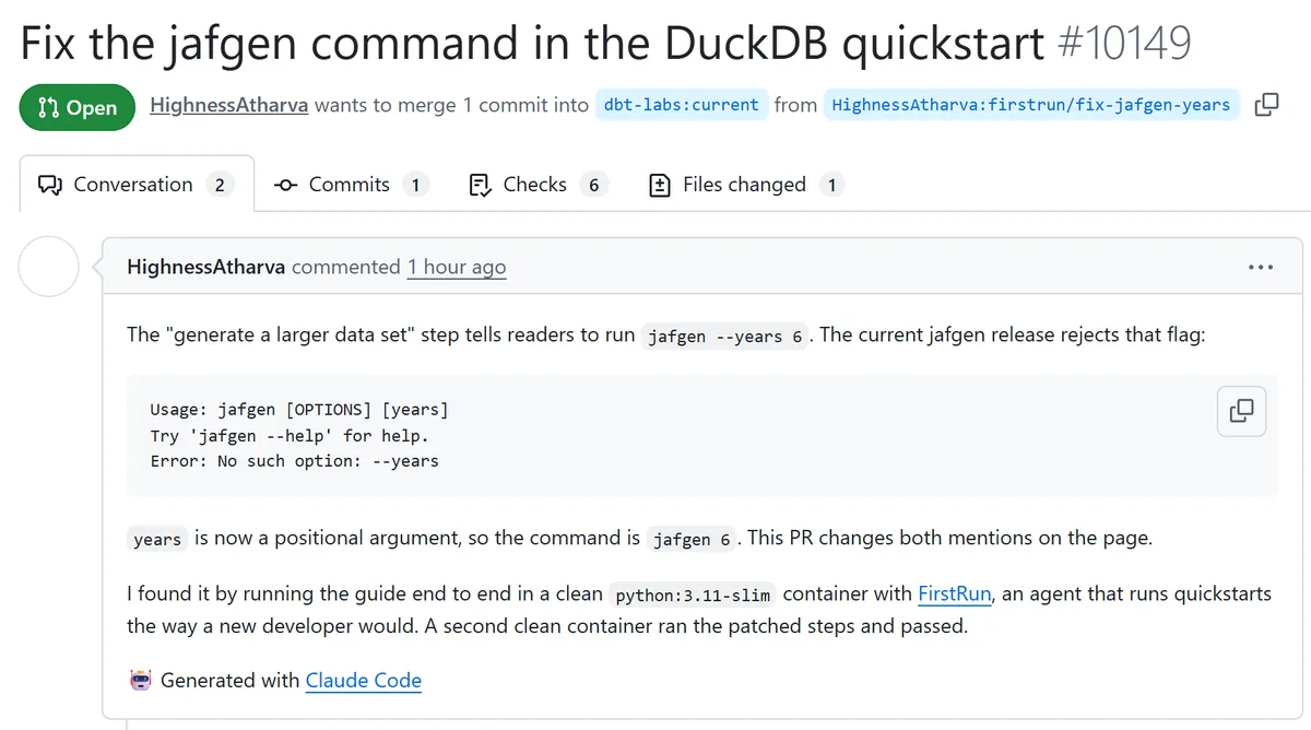 Screenshot of pull request 10149 on dbt-labs/docs.getdbt.com, fixing the jafgen command in the DuckDB quickstart