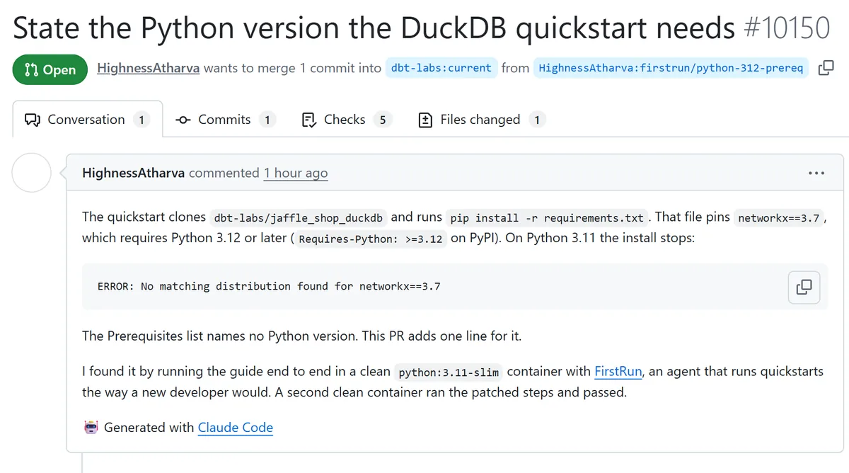 Screenshot of pull request 10150 on dbt-labs/docs.getdbt.com, stating the Python version the quickstart needs