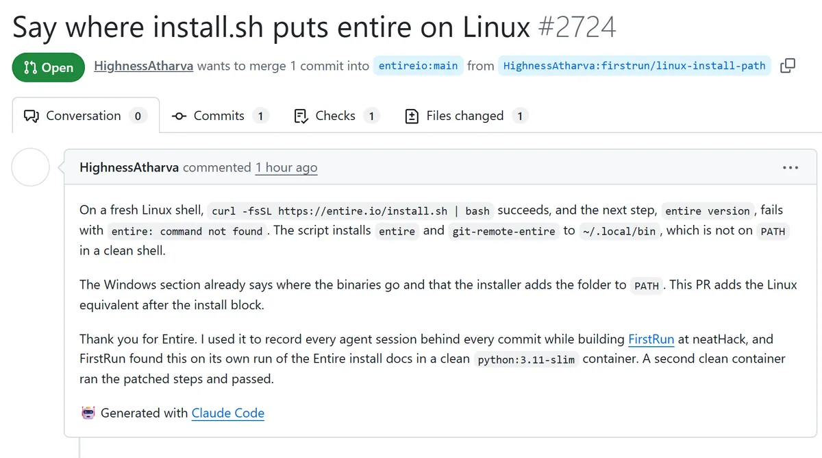 Screenshot of pull request 2724 on entireio/cli, saying where install.sh puts entire on Linux