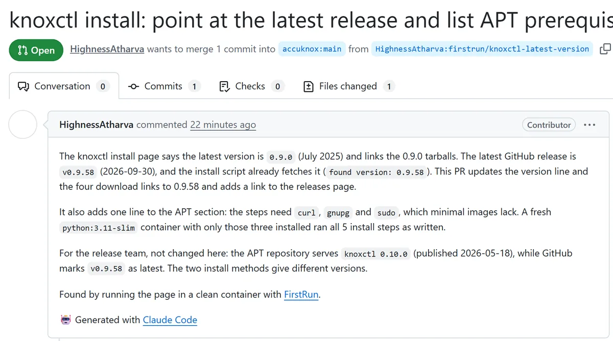 Screenshot of pull request 671 on accuknox/help, pointing knoxctl at the latest release