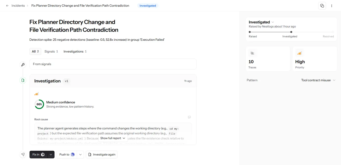 neatlogs incident Fix Planner Directory Change and File Verification Path Contradiction, status Investigated, high priority, 10 traces, root cause at 66 percent confidence